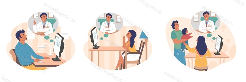 Online doctor patient communication set, vector flat isolated illustration. Physician from laptop computer consulting man, woman, family. Online medical consultation, virtual doctor visit, live chat.