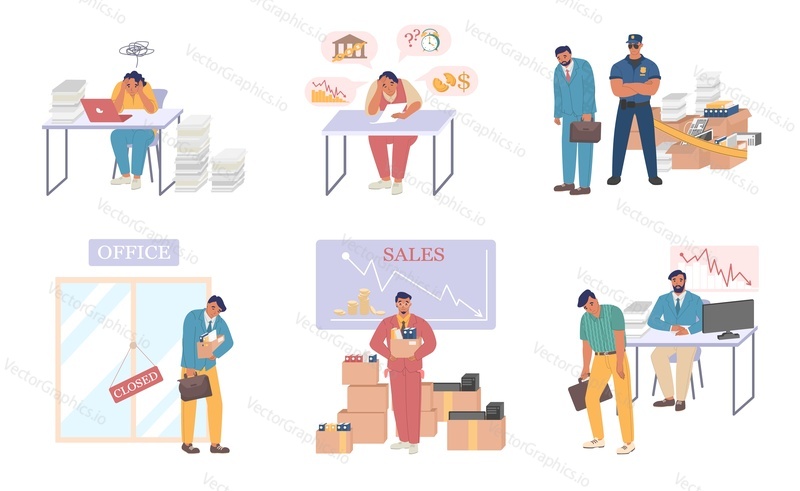 Business bankruptcy set, vector flat isolated illustration. Disappointed, scared, confused people because of being bankrupt, losing job. Business failure, financial crisis, economic crash.