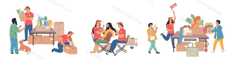 Male and female characters volunteers donating food, clothing to homeless shelters, giving free haircuts to the homeless, vector flat isolated illustration. Humanitarian aid, donation, volunteering.
