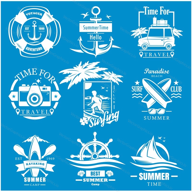 Summer time travel vintage logo, label, badge set, vector illustration. Surfing, kayaking summer camp, sea cruise, yacht trip, voyager adventure white emblems on blue background.