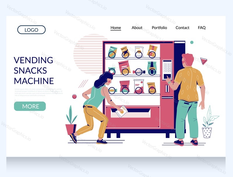 Vending snacks machine vector website template, landing page design for website and mobile site development. People buying snack food from dispenser. Vending machine business and service.