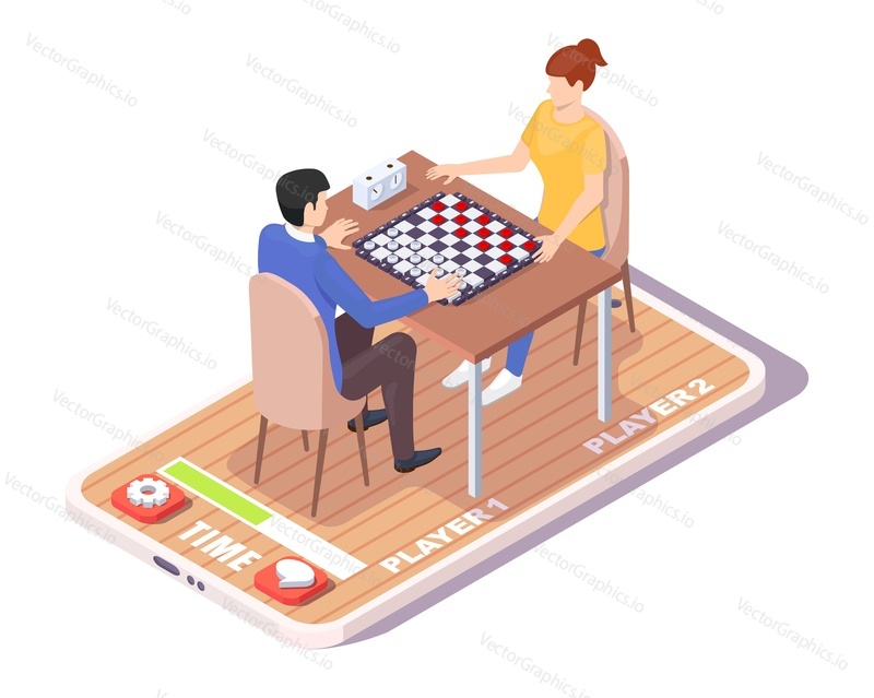 Isometric young man and woman playing checkers on smartphone screen, flat vector illustration. Play mobile checkers board game online with friends.