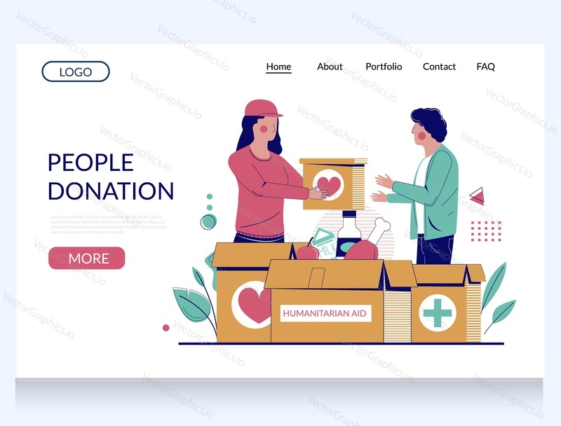 People donation vector website template, landing page design for website and mobile site development. Humanitarian aid, food donation for poor people, volunteering.