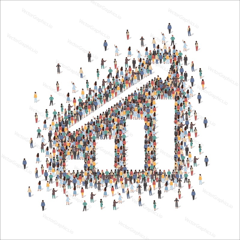 Large group of people forming growth chart sign with up arrow standing together, flat vector illustration. People crowd gathering. Business growth and success.