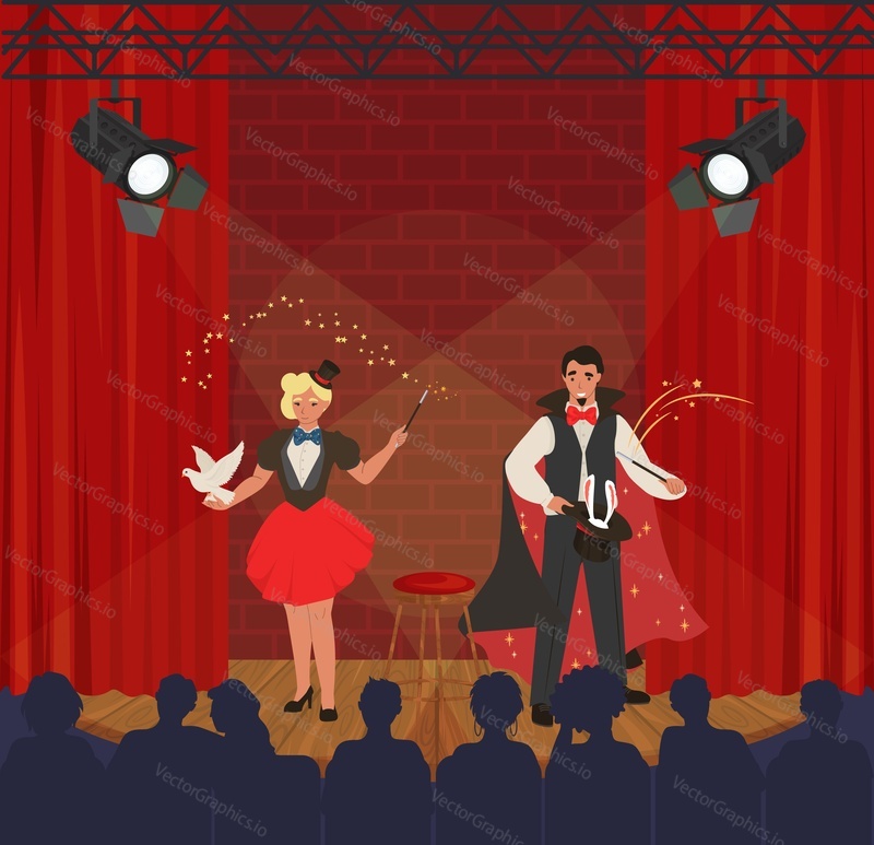 Male and female characters illusionists and magicians performing tricks with dove, rabbit, magic wand, black cylinder hat on circus stage, flat vector illustration. Magic show, circus performance.