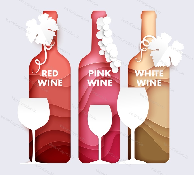 Wine bottle and glass set, vector illustration in paper art style. Grape red, pink, white wine. Restaurant menu, poster, banner, flyer template.