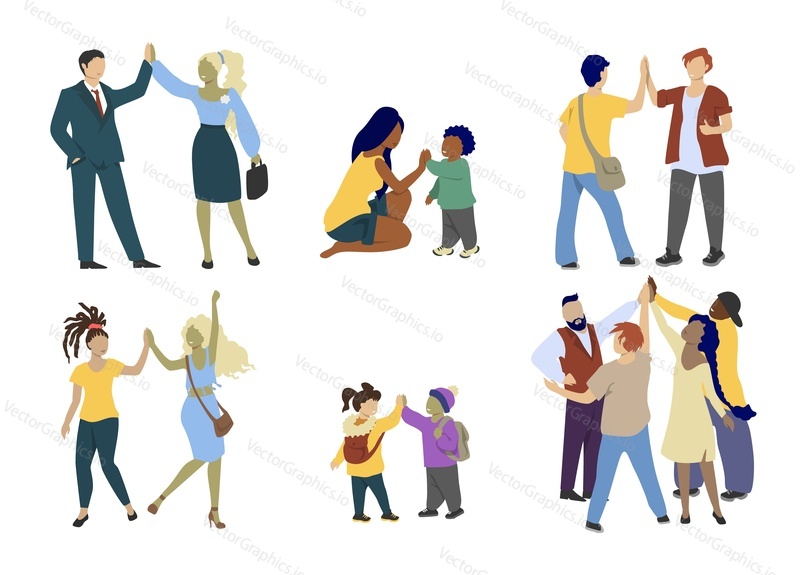 Happy people giving each other high five, vector flat isolated illustration. High five hand gesture between men women kids friends, mother and son, business people expressing joy. Friendship, success.