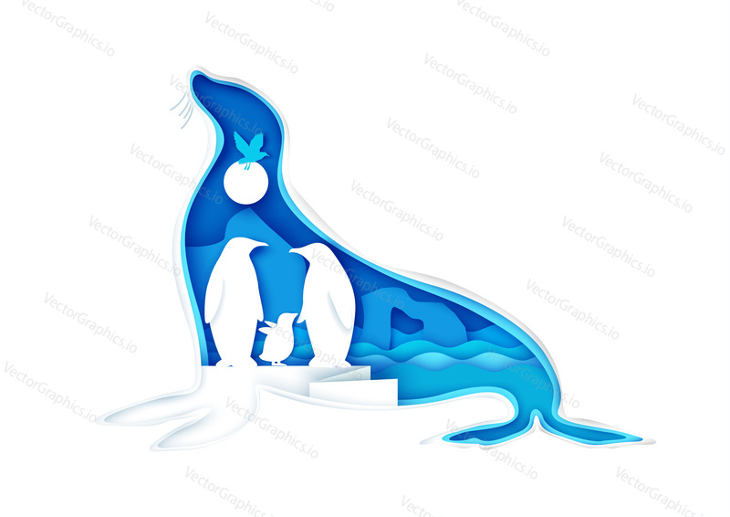 Large seal animal silhouette with Arctic landscape, pinguins family and bird inside, vector illustration in paper art style. The beauty of nature. Save animals, protect wildlife. Multiple exposure.