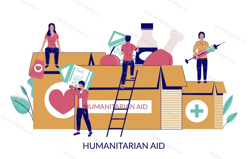 Humanitarian aid, vector flat illustration. Tiny male and female characters distributing food, medical supplies to people in need from huge cardboard boxes. Volunteering, donation, humanitarian relief