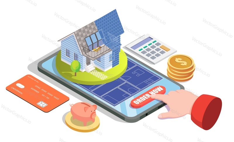 Isometric smartphone with residential house building and its blueprint on screen, flat vector illustration. Floor plan and home project online service. House design mobile app.