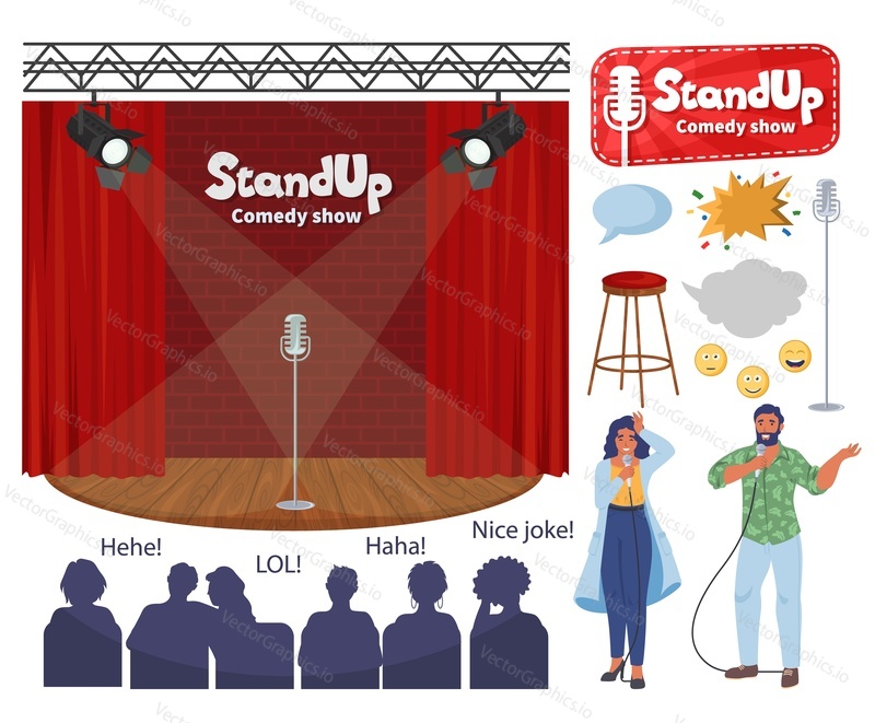 Stand up comedy show stage, male and female comedian cartoon characters with microphones, audience, flat vector illustration. Live comedy club show.