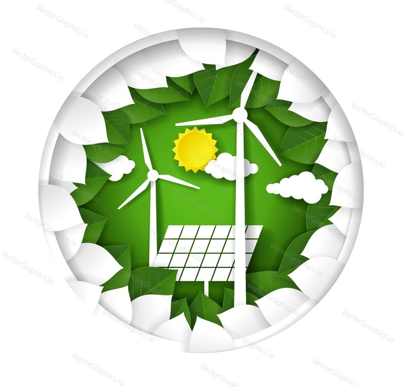 Green energy logo. Paper cut windmills and solar panels in circle with green and white leaves. Vector illustration in paper art style. Save environment, alternative energy, ecology concept.