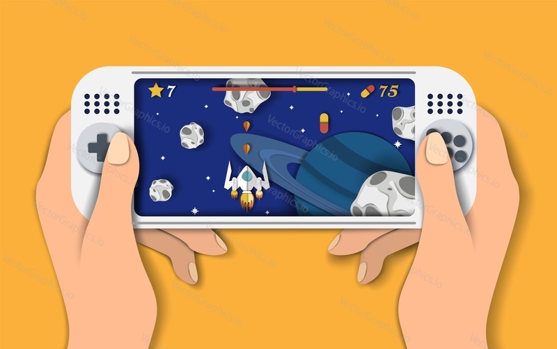 Video console games, vector flat style design illustration. Gamer playing space shooter video game on portable console. Gaming technologies, gadgets, entertainment industry concept.