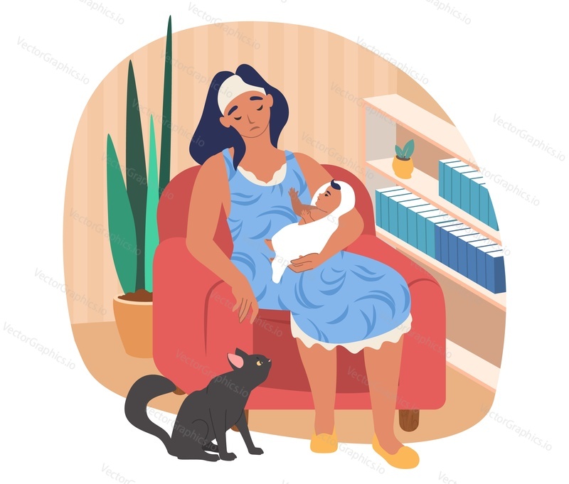 Sleepy mom holding her baby while sitting in armchair, flat vector illustration. Tired, exhausted mother with her newborn baby and cat pet.