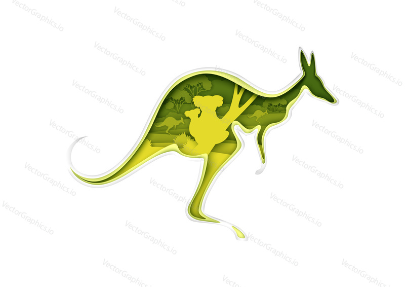 Kangaroo silhouette with Australian nature, koala bears inside, vector illustration in paper art style. The beauty of nature. Save animals, protect and discover wildlife. Travel. Multiple exposure.