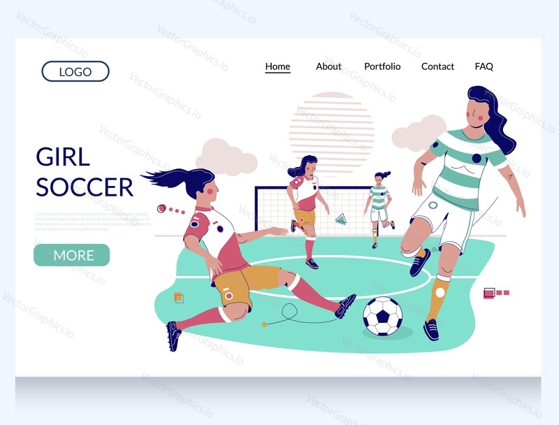 Girl soccer vector website template, landing page design for website and mobile site development. Women team playing soccer on green football field.