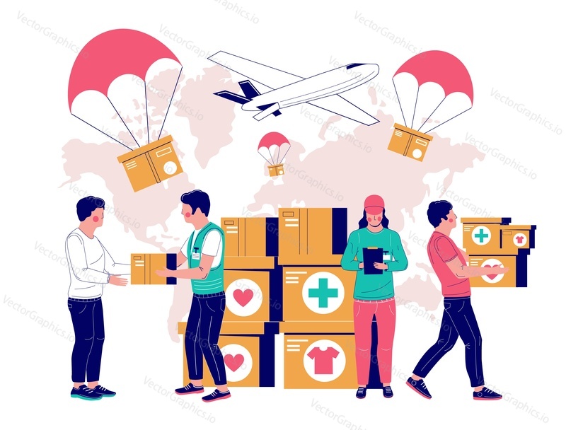 Volunteers giving donation boxes to needy people, vector flat illustratin. Medical supplies, food and clothing donation. Humanitarian aid concept for web banner, website page etc.