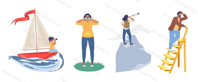 People looking to the future through telescope, binoculars while floating on boat, standing on mountain top, ladder, flat vector illustration. Future vision, business career, leadership.
