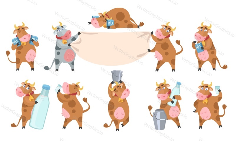 Cute cow cartoon character set, flat vector isolated illustration. Funny farm animals sleeping, drinking milk, holding bottle, bucket, milk carton box. Dairy industry, agriculture.