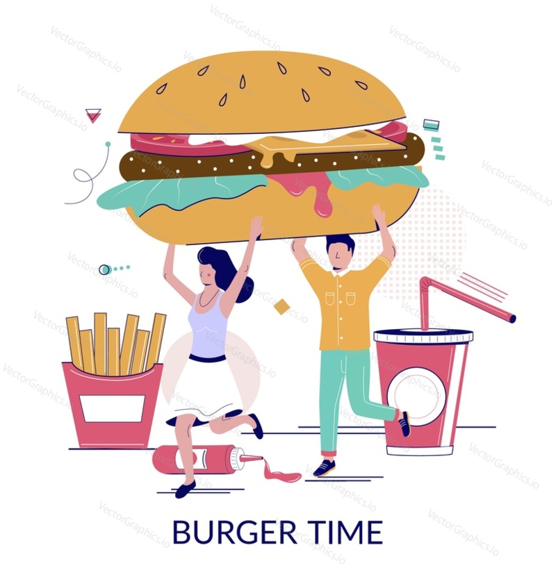 Burger time, vector flat illustration. Happy couple holding huge hamburger. Burger order in fast food restaurant concept for web banner, website page etc.