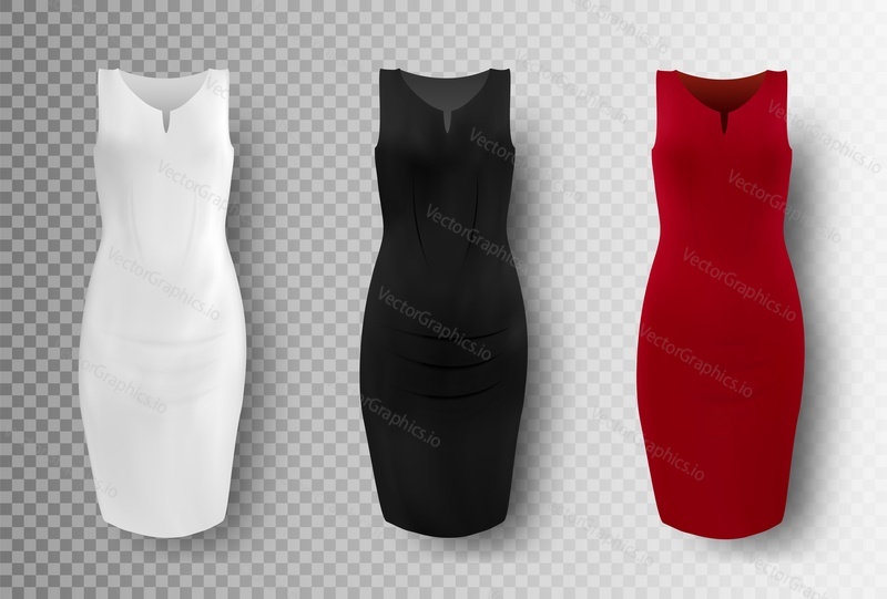 Black, white and red dress mockup set, vector illustration isolated on transparent background. Realistic elegant pencil dresses. Women apparel, ladies clothing and fashion.