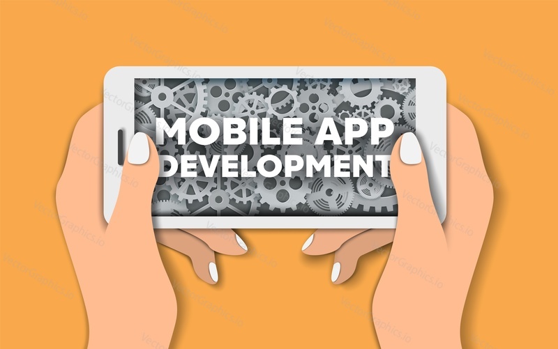 Mobile app development poster, banner template, vector illustration. Human hands holding smartphone with cogwheel gear clock mechanism screen. Application development concept.