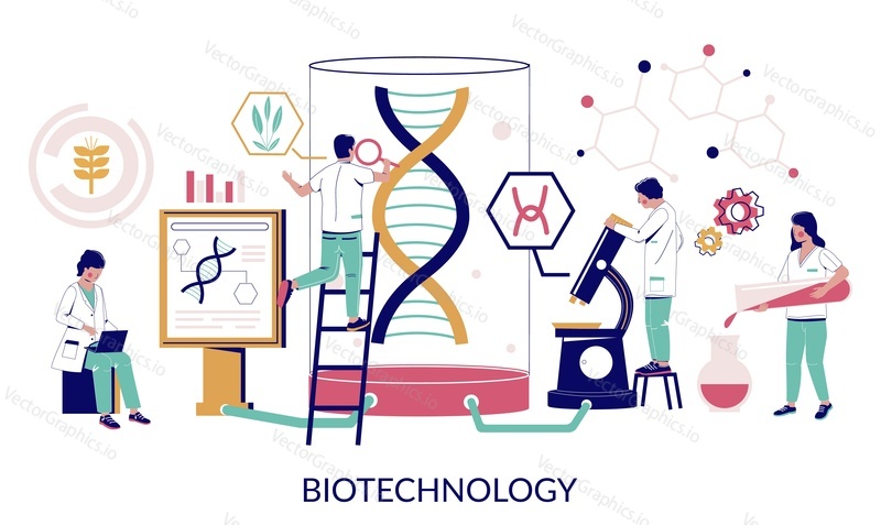 Биотехнология, векторная плоская иллюстрация. Группа ученых, лаборантов в белых халатах, тестирующих ДНК, исследующих клеточные культуры и сращивающие гены. Концепция биотехнологической лаборатории.