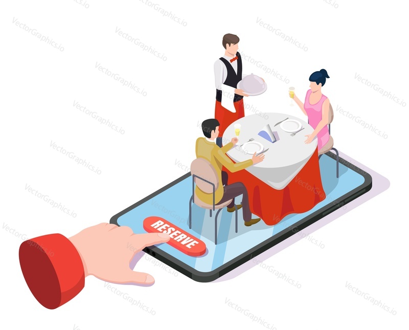 Isometric smartphone with restaurant waiter serving dish to romantic couple sitting at table, flat vector illustration. Online restaurant table reservation.