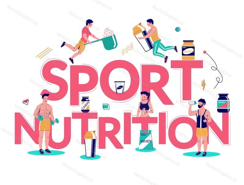 Sports nutrition typography banner template, vector flat illustration. Male and female characters athletes training, preparing and drinking protein shake. Sports fitness nutrition, food supplements.