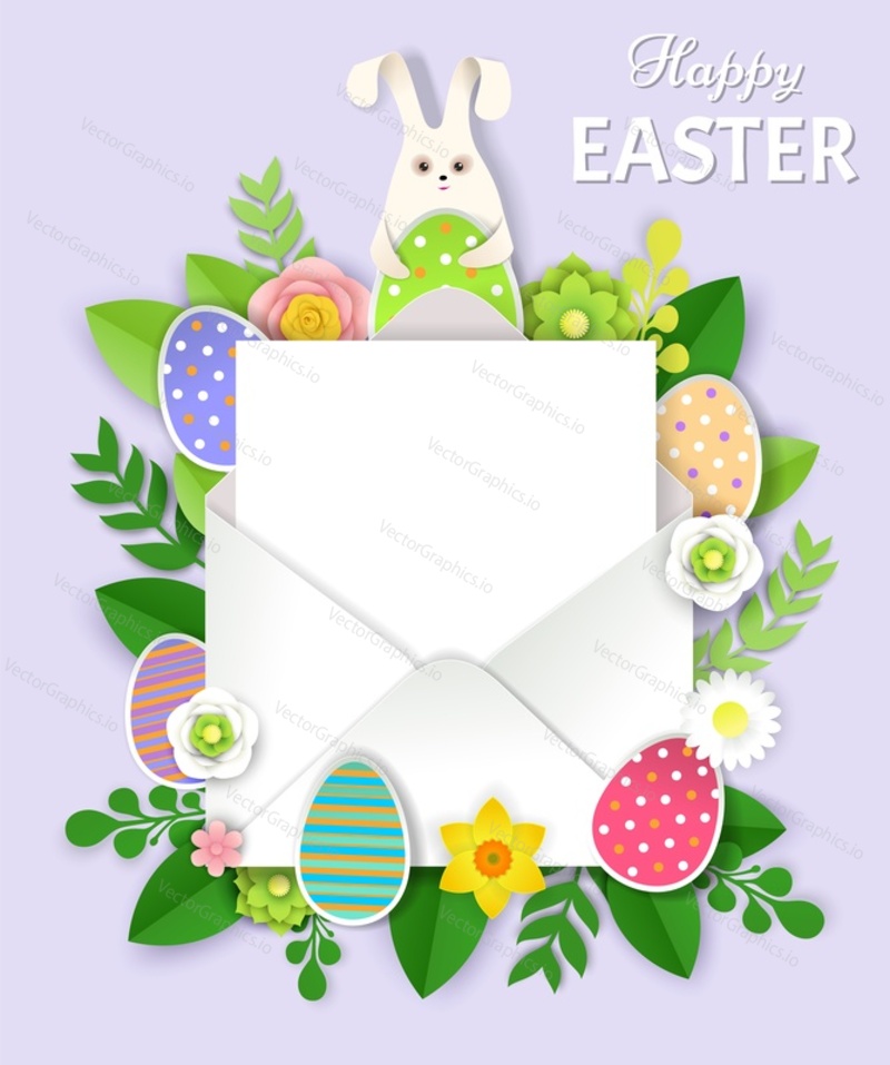Cute bunny, Easter eggs, flowers and envelope with letter, vector illustration in paper art style. Happy Easter greeting card, poster template.