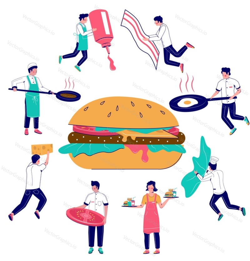 Micro characters chefs cooking huge burger bun with meat patty, tomatoes, lettuce and cheese, vector flat illustration. Burger house, fast food restaurant concept for web banner, website page etc.