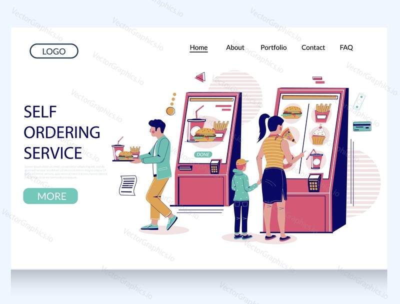 Self ordering service vector website template, landing page design for website and mobile site development. People using fast food restaurant self ordering kiosks.