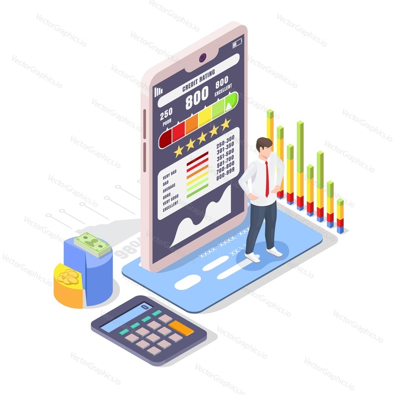Isometric happy businessman and mobile phone with excellent credit score information on screen standing on bank card, flat vector illustration. High personal credit rating online report, good history.