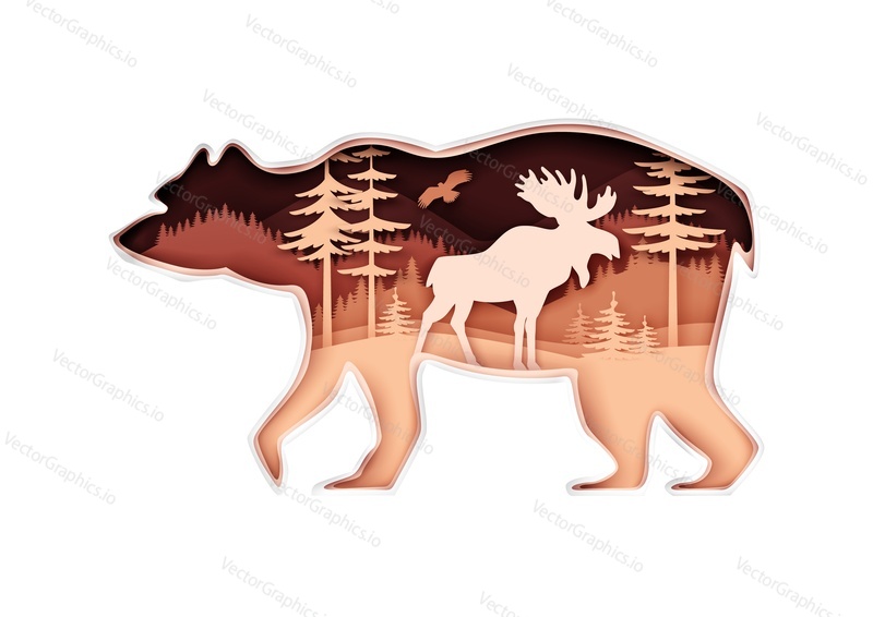 Large bear silhouette with forest nature landscape, bird and elk inside, vector illustration in paper art style. Beauty of nature. Save animals, protect wildlife. Travel, trekking. Multiple exposure.