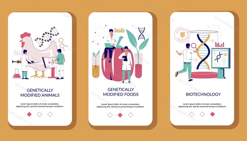 Biotechnology mobile app onboarding screens. Menu banner vector template for website and application development. Genetic engineering, genetically modified plants and animals.