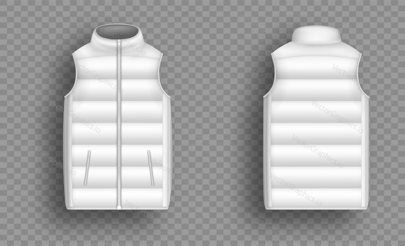White winter puffer vest, sleeveless jacket mockup set, vector illustration isolated on transparent background. Realistic warm waistcoat, down padded vest, front and back view.