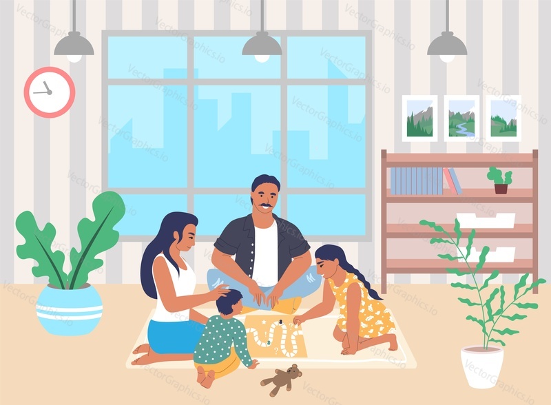Happy family playing board game together sitting on the floor in living room, flat vector illustration. Parents with kids enjoying free time with playing tabletop game at home. Family relationship.