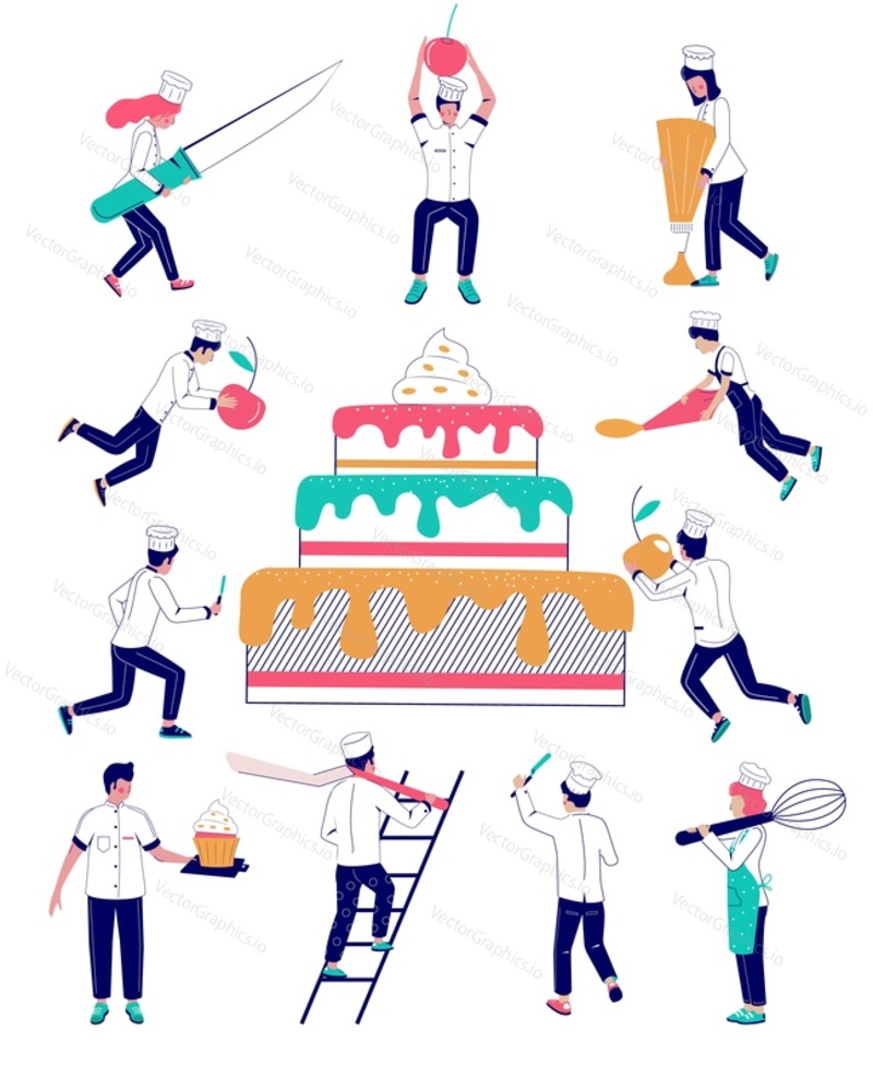 Мужские и женские персонажи в униформе шеф-поваров, кондитеры глазируют и украшают большой праздничный торт вишнями, векторная плоская иллюстрация. Пекарня, кондитерская, кондитерский цех, услуги по приготовлению тортов.