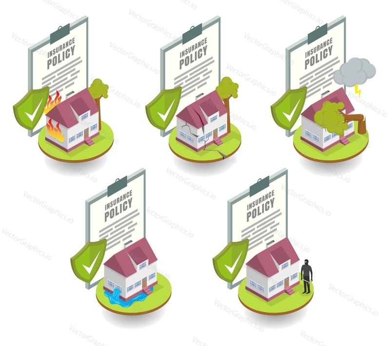 Home insurance cover set, vector flat illustration. Residential house under reliable protection of insurance policy against home burglary and natural disasters fire, earthquake, fallen tree, flood.