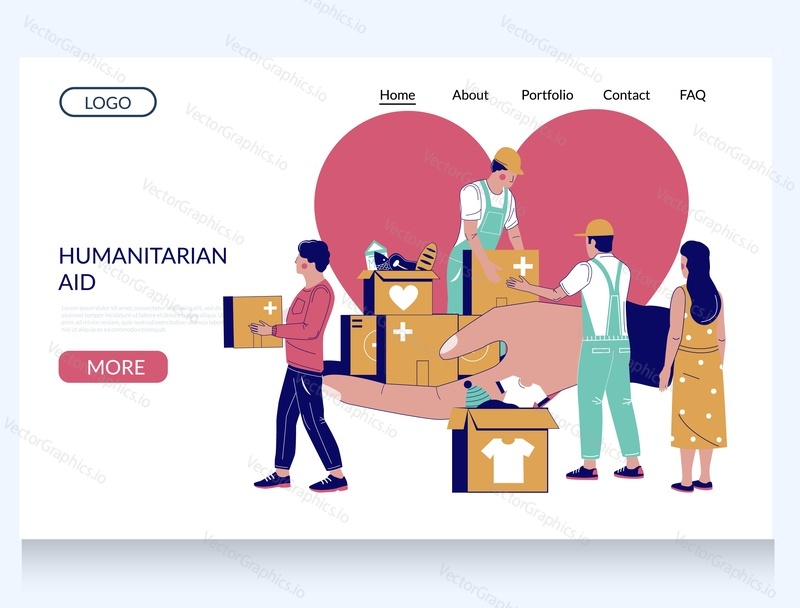 Humanitarian aid vector website template, landing page design for website and mobile site development. Humanitarian workers handing out food, clothes other item to people in need.