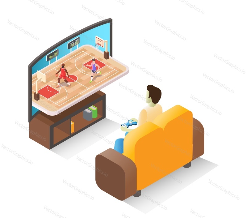 Isometric young man gamer playing basketball video game with controller sitting on sofa in front of tv, flat vector illustration. Online gaming, video console games.
