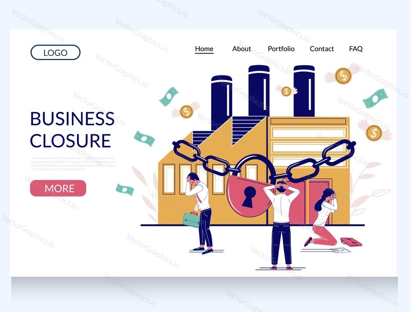 Business closure vector website template, landing page design for website and mobile site development. Stressed out employees in front of chained up factory building. Business arrest.