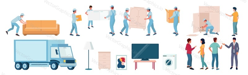 Home moving and relocation set, flat vector isolated illustration. Delivery truck, workers, loaders, movers carrying cardboard boxes, sofa, assembling furniture. Moving and delivery company services.