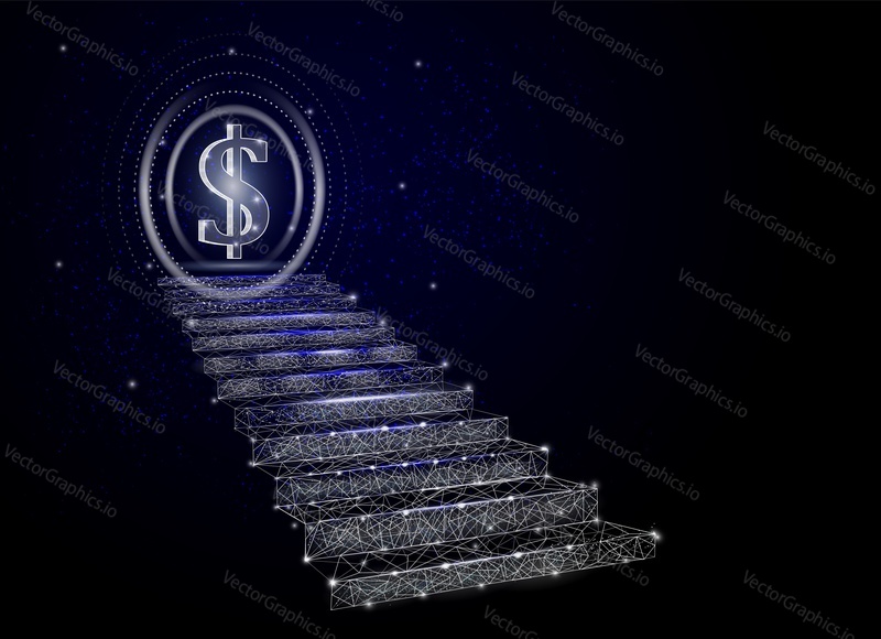 Stairway to business growth, finance target, vector poster banner design template. Low poly art, polygon wireframe mesh. Business achievement, goal, path to success.