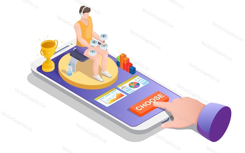 Isometric smartphone with male bodybuilder cartoon character exercising with dumbbells on screen, flat vector illustration. Online personal fitness trainer. Online workout, fitness gym.