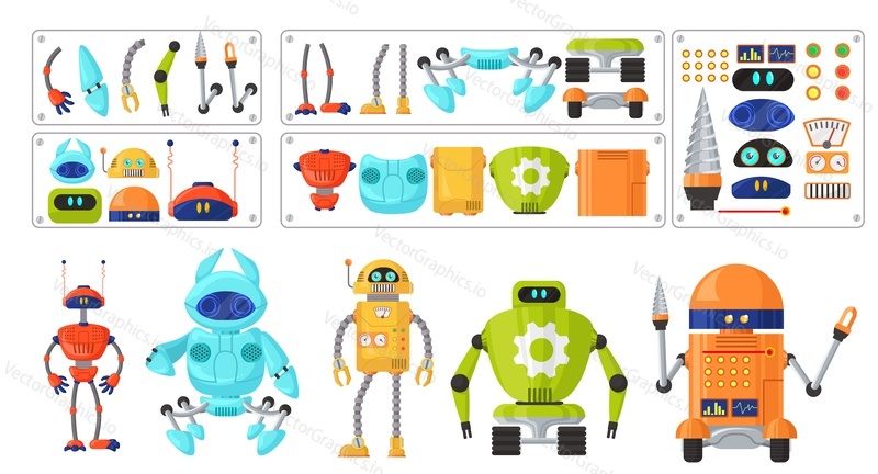 Cute robot cartoon character set, flat vector illustration isolated on white background. Robot machine constructor. Head, leg, arm body parts for android character creation. Robotic animation.