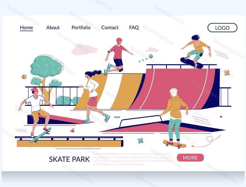 Skate park vector website template, landing page design for website and mobile site development. Skateboarders riding skateboards and performing tricks on skate ramp in city park. Rollerdrome concept.