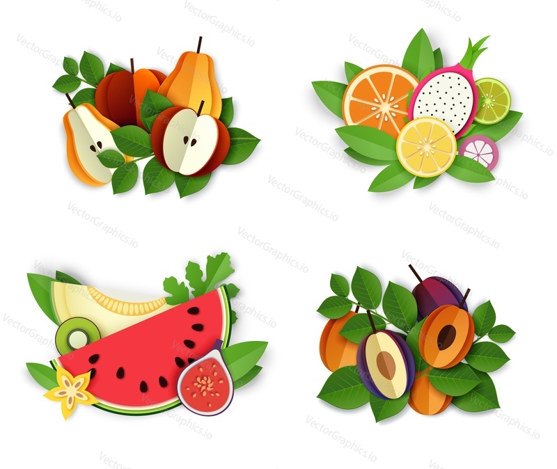 Ripe fresh fruit and berries composition set, vector isolated illustration. Paper cut craft style apple, pear, apricot, plum, melon, watermelon, citrus and tropical fruits. Packaging labels, stickers.