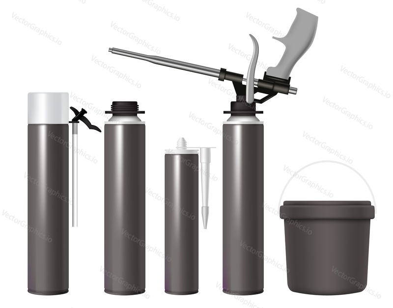 Black glue bucket, silicone sealant, polyurethane mounting foam packaging tube with gun realistic mockup set. Vector illustration isolated on white background. Construction chemicals.