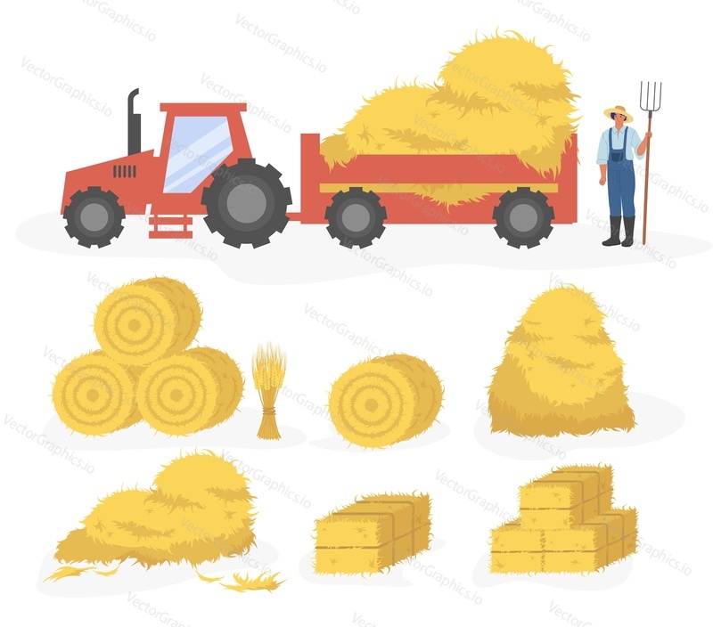 Tractor with hay cartoon illustration. Vector set of hay icons set isolated on white background. Straw, haystack and hayloft.